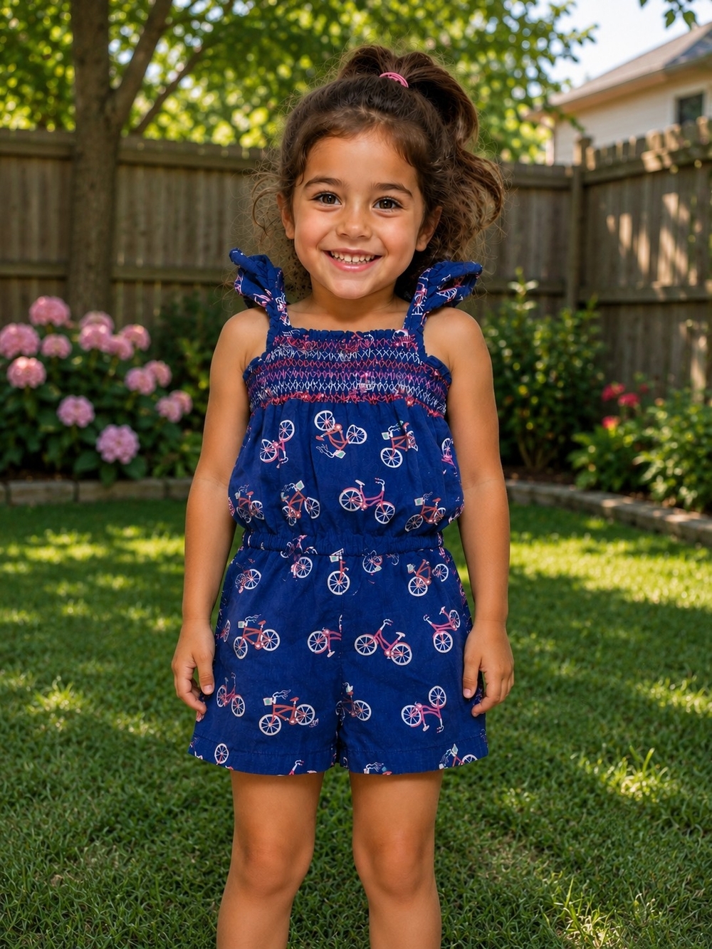 healthtex Navy Bicycle Smocked Romper with Pink Accents